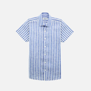 Wide Stripe Linen Short Sleeve Shirt | Navy